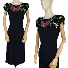 Load image into Gallery viewer, Original 1940's Ellen Kaye Original Black Crepe Cocktail Dress with Floral Sequin Detail in Pink and Green - Bust 32 34
