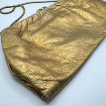 Load image into Gallery viewer, Original 1950's Soft Gold Leather Evening Bag with Snake Chain and Clear Paste Set Clasp