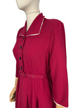 Load image into Gallery viewer, Original 1940’s Rich Red Wool Belted Day Dress with White Trim - Bust 34 36