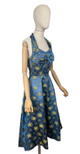 Load image into Gallery viewer, Original 1950's Blue and Gold Halterneck Cocktail Dress - Bust 36 37 *