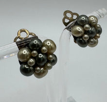 Load image into Gallery viewer, Original 1950's Mid Century Faux Pearl and Grey Clip on Flower Earrings