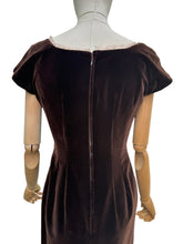 Load image into Gallery viewer, Original 1950's Slimuette Dark Brown Cotton Velvet Wiggle Dress with Hip Drape - Bust 34