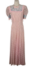Load image into Gallery viewer, Original 1930's Pretty Pink and Blue Lace Full Length Belted Evening Dress - Bust 30 32