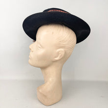 Load image into Gallery viewer, Original 1940's Black Straw Tilt Hat with Bronze Grosgrain Trim