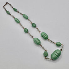 Load image into Gallery viewer, Original Art Deco Green Satin Glass Necklace with Clear Spacers