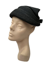 Load image into Gallery viewer, Original 1950's Inky Black Bonnet Hat in Straw and Grosgrain with Neat Bow Trim
