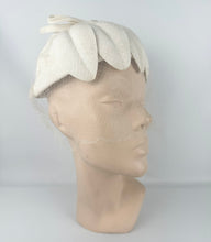 Load image into Gallery viewer, Original 1950's Ivory Fabric Petal Hat with Face Veil and Bow Trim *