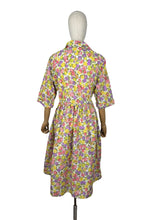 Load image into Gallery viewer, Original 1950’s Volup Vibrant Floral Day Dress in Orange, Purple, Yellow and Green on White - Bust 44