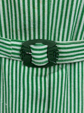 Load image into Gallery viewer, Original 1940's White and Green Candy Stripe Heavy Linen Button Front Belted Day Dress - Bust 40 42 *
