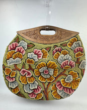 Load image into Gallery viewer, Original 1920’s Crewel Work Bag with Flowers in Green, Rust, Pink and Blue with Carved Wooden Handles