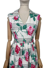 Load image into Gallery viewer, Original 1950's Crisp White Cotton Day Dress with Stripes and Roses Print - Bust 36