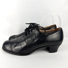 Load image into Gallery viewer, Original 1930's 1940's Inky Black Leather Lace Up Shoes with Punch Detail - UK 6 or 6.5