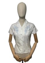 Load image into Gallery viewer, Original 1950's White Cotton Deadstock Blouse with Pale Blue Embroidery - Bust 36