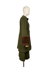 Load image into Gallery viewer, Original 1940's Olive Green Herringbone Wool Long Line Belted Jacket and Skirt Suit with Faux Fur Trim - Short Coat - Bust 36 38