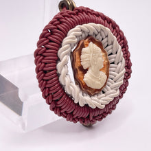 Load image into Gallery viewer, Original 1940's Burgundy and Cream Wartime Make Do and Mend Wire Brooch with Cameo Button Middle *