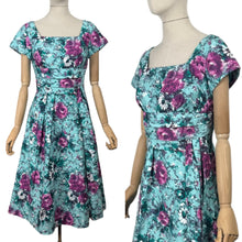 Load image into Gallery viewer, Original 1950's Marldena Model Blue Cotton Day Dress with Pink, Black, Teal and Black Floral Print and Hip Swag - Bust 35 *