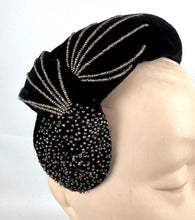 Load image into Gallery viewer, Original 1950’s Black Cotton Velvet Hat with Silver Glass Beads - Perfect Cocktail Hat
