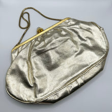 Load image into Gallery viewer, 1950's or 1960's RFC Bright Gold Leather Evening Bag with Snake Chain and Faux Pearl Clasp