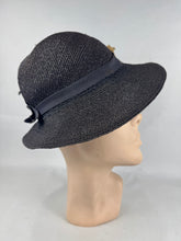 Load image into Gallery viewer, Original 1930’s Fine Navy Straw Hat with Pretty Red and White Floral Trim *