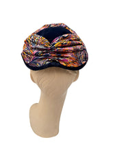 Load image into Gallery viewer, Original 1950's Midnight Blue Vevlet Hat with Bright Jersey Trim in Pink, Yellow, White and Purple