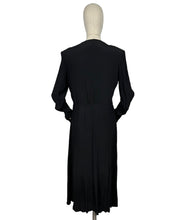 Load image into Gallery viewer, Original 1940's Black Satin Backed Crepe Long Sleeved Cocktail Dress with Lilac Purple Floral Silk Embroidery - Bust 36 38 *