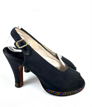 Load image into Gallery viewer, Original 1940's Inky Black Crepe Platform Evening Shoes with Paste Detail in Red, Blue, Yellow and Green - UK 4 *