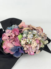 Load image into Gallery viewer, Original 1940’s Black Topper Hat with Pastel Flowers in Pink, Purple and Blue and Huge Bow Trim *