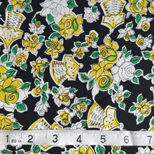 Load image into Gallery viewer, Original 1940's Cold Rayon Novelty Print Dressmaking Fabric in Black, Yellow and Green - 39" x 120"