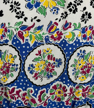 Load image into Gallery viewer, Reproduction 1940's Cotton Boarder Print Blouse in Bold Floral in Black, Green, Blue, Pink, Black and Yellow - Bust 34