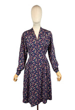 Load image into Gallery viewer, Original 1940's Navy Blue Crepe Long Sleeved Day Dress with Floral Print in Pink and Purple
