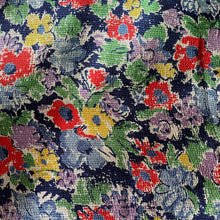 Load image into Gallery viewer, Original 1930's Crepe Floral Dressmaking Fabric in Navy Blue with Red, Yellow, Green , White and Purple Flowers - 34" x 128"