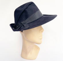 Load image into Gallery viewer, Original 1930's 1940's Dark Blue Wool Felt Fedora with Grosgrain Trim *