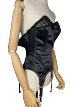 Load image into Gallery viewer, Original 1940's or 1950's Inky Black Satin and Lace Boned Corset with Garter Straps - Bust 32
