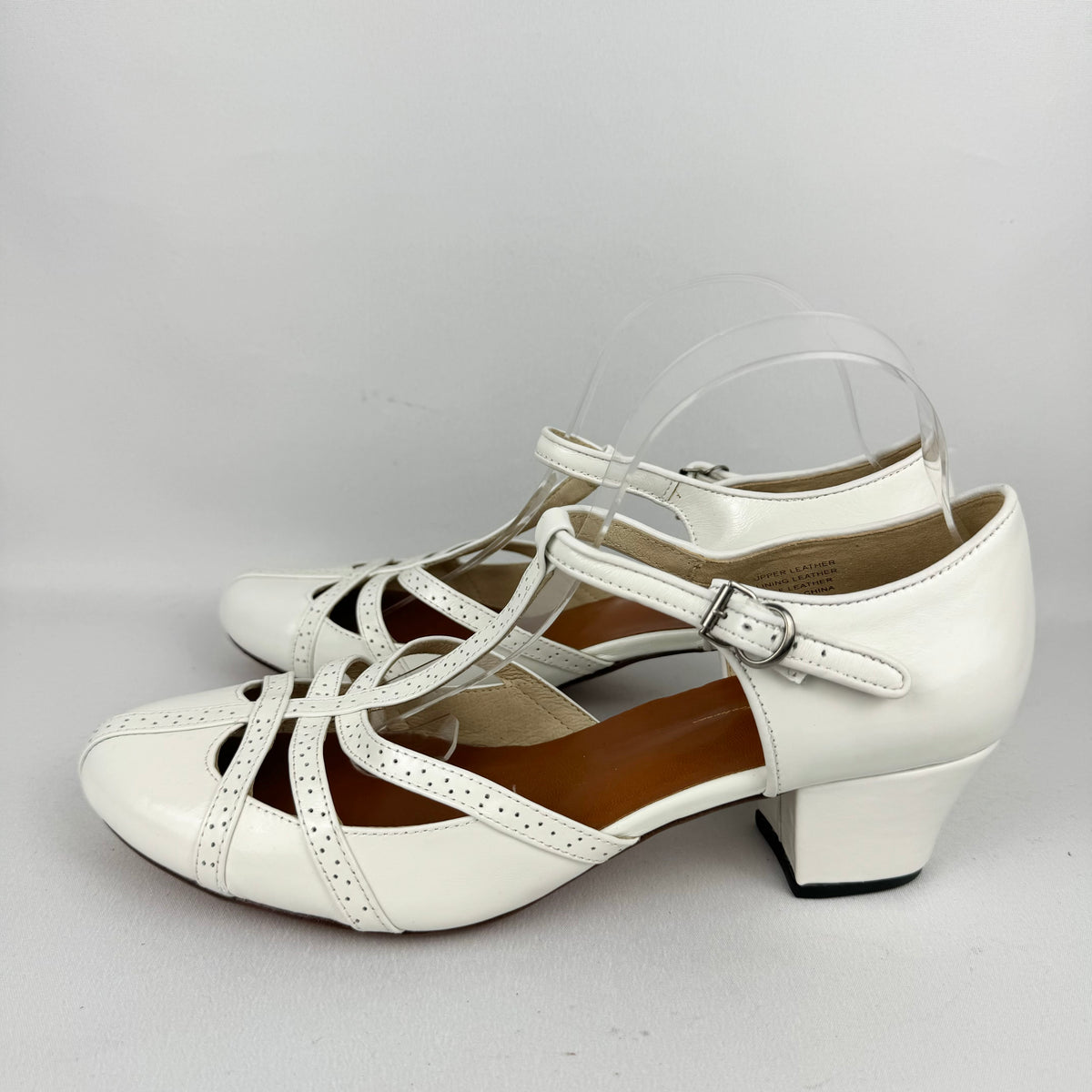 Re-Mix Starlet 1920's 1930's T-Strap Sandals in Ivory Leather UK