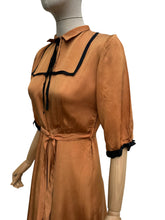 Load image into Gallery viewer, Original 1950's Caramel Coloured Grosgrain Belted Dress with Black Accent Trim - Bust 34 35