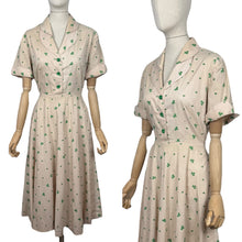 Load image into Gallery viewer, Original 1940's 1950's Beige Cotton Day Dress with Vibrant Green Bow Embroidery - Bust 38 *