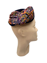 Load image into Gallery viewer, Original 1950's Midnight Blue Vevlet Hat with Bright Jersey Trim in Pink, Yellow, White and Purple