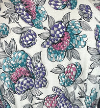 Load image into Gallery viewer, 1940’s White Cotton Belted Zip Front House Dress with Bold Floral Print in Pink, Black, Purple and Green - Bust 38 *
