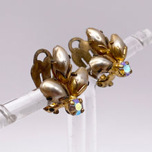 Load image into Gallery viewer, Vintage Flower Clip on Earrings with Trio of Gold Pearl Petals and Aurora Borealis Paste