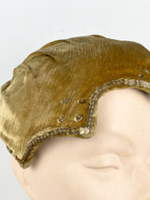 Load image into Gallery viewer, Original 1950's Padded Clam Shell Hat in Old Gold Velvet and with Sequin Trim *