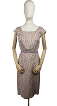 Load image into Gallery viewer, Original 1950's Pure Silk Squirrel Novelty Print Belted Wiggle Dress in Taupe and Purple - Bust 36