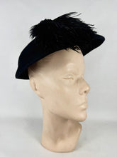 Load image into Gallery viewer, Original 1950's Inky Black Felt Hat with Feather and Pom-pom Trim