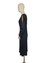 Load image into Gallery viewer, Original 1930's Black Bias Cut Dress with Cold Shoulder Ribbon Work Sleeves - Bust 34 36 38