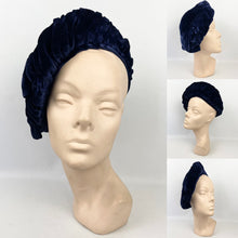 Load image into Gallery viewer, Original 1940's Blue Velvet Beret Hat with Large Bow Trim by Jacoll