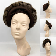 Load image into Gallery viewer, Original 1940's Brown Felt Hat with High Brim Trimmed with Genuine Fur and Smart Bows *
