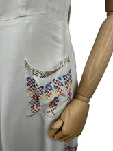 Load image into Gallery viewer, Original 1930's White Linen Day Dress with Pretty Embroidery in Red, Blue, Yellow and Brown - Bust 32 33 *