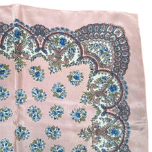 Load image into Gallery viewer, Original 1950's Salmon Pink Silk Crepe Scarf with Floral Print in Blue, Green, White and Black - Great Headscarf