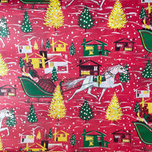 Load image into Gallery viewer, Original Vintage Colourful Christmas Wrapping Paper - Red Base with a Wintry Scene of Horse and Carriage with Houses and Trees