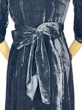 Load image into Gallery viewer, Original 1930’s Black Cotton Velvet Full Length Evening Dress with Bow Tie Belt - Bust 34 *