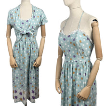 Load image into Gallery viewer, Original Late 1940's or Early 1950's Floral Border Print Dress and Bolero in Blue, Purple, Mustard, Black and White - Bust 32 33